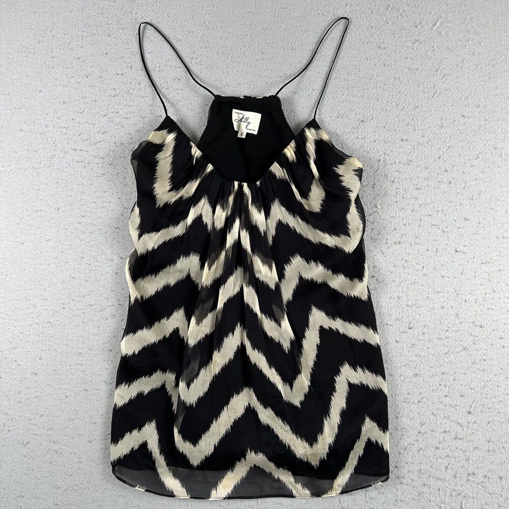 Milly 100% Silk‎ Spaghetti Strap Black White Chevron Tank Top Women’s Size 6